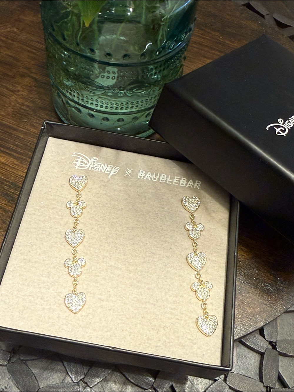 BaubleBar Disney Gold Pavé Mickey & Heart Drop Earrings